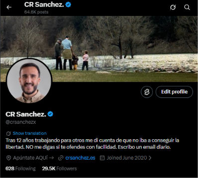 Perfil de X de CR Sanchez (@crsanchezx), con la verificación azul, 628 siguiendo y 29.500 seguidores